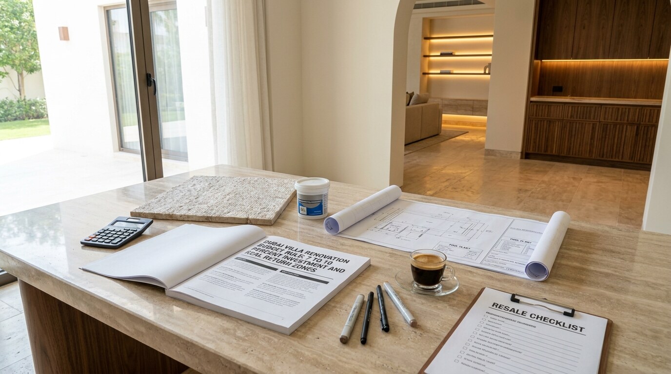 Dubai Villa Renovation Budget Rule: 7 to 10 Percent Investment and Real Return Zones visual reference 1 showing investor style Dubai villa renovation budget desk with 7 to 10 percent rule, bathroom samples, pool plan, and resale checklist