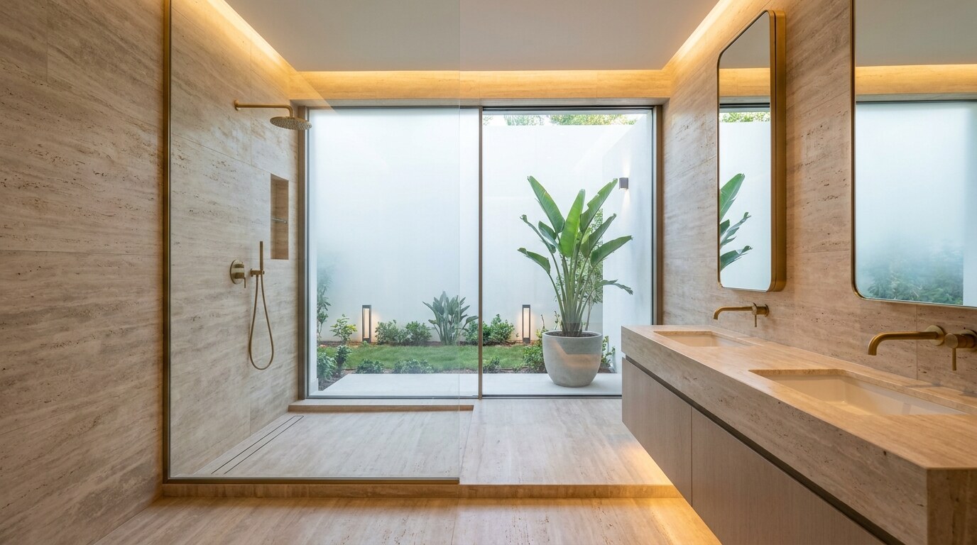 Dubai Villa Renovation Budget Rule: 7 to 10 Percent Investment and Real Return Zones visual reference 2 showing renovated villa bathroom with waterproofing detail, stone slab, brass fittings, and controlled lighting